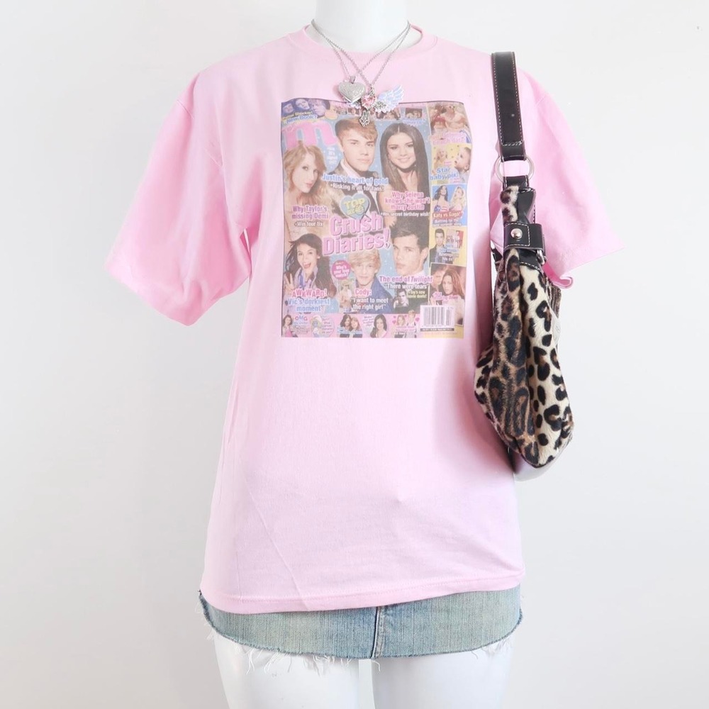pink 2000s crush diary graphic tee | y2k magazine baby pink t shirt
